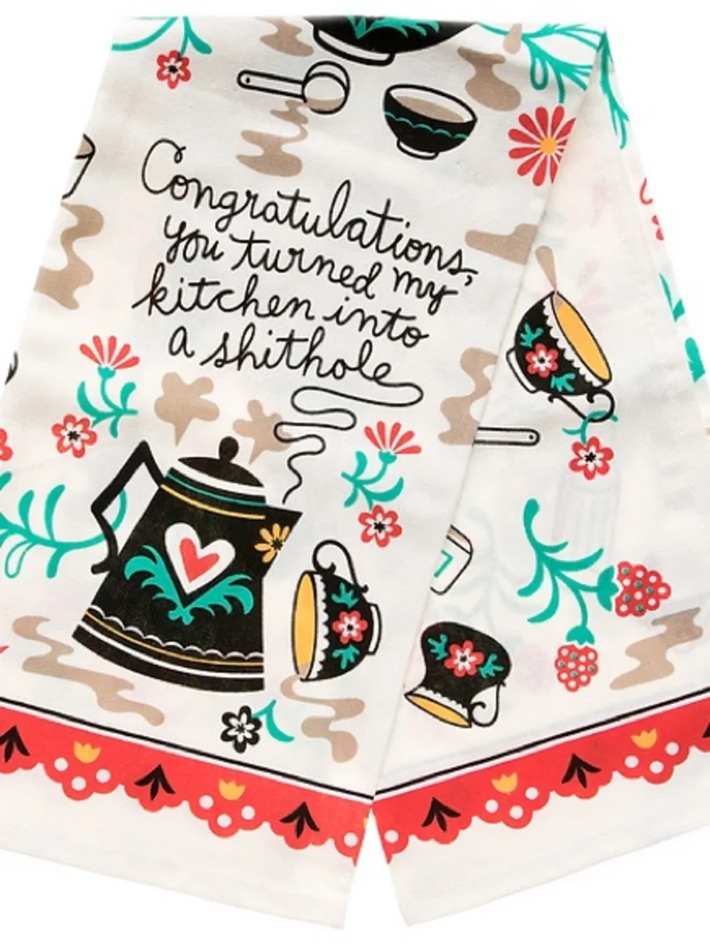 Blue Q Kitchen Shithole Tea Dish Towel with Teapot Teacup Print